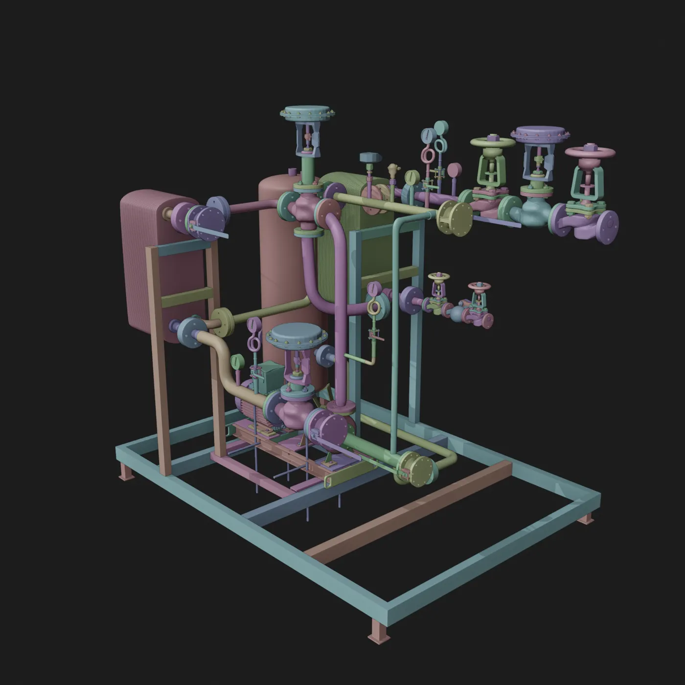 Industrial piping and valve skid, CAD assembly